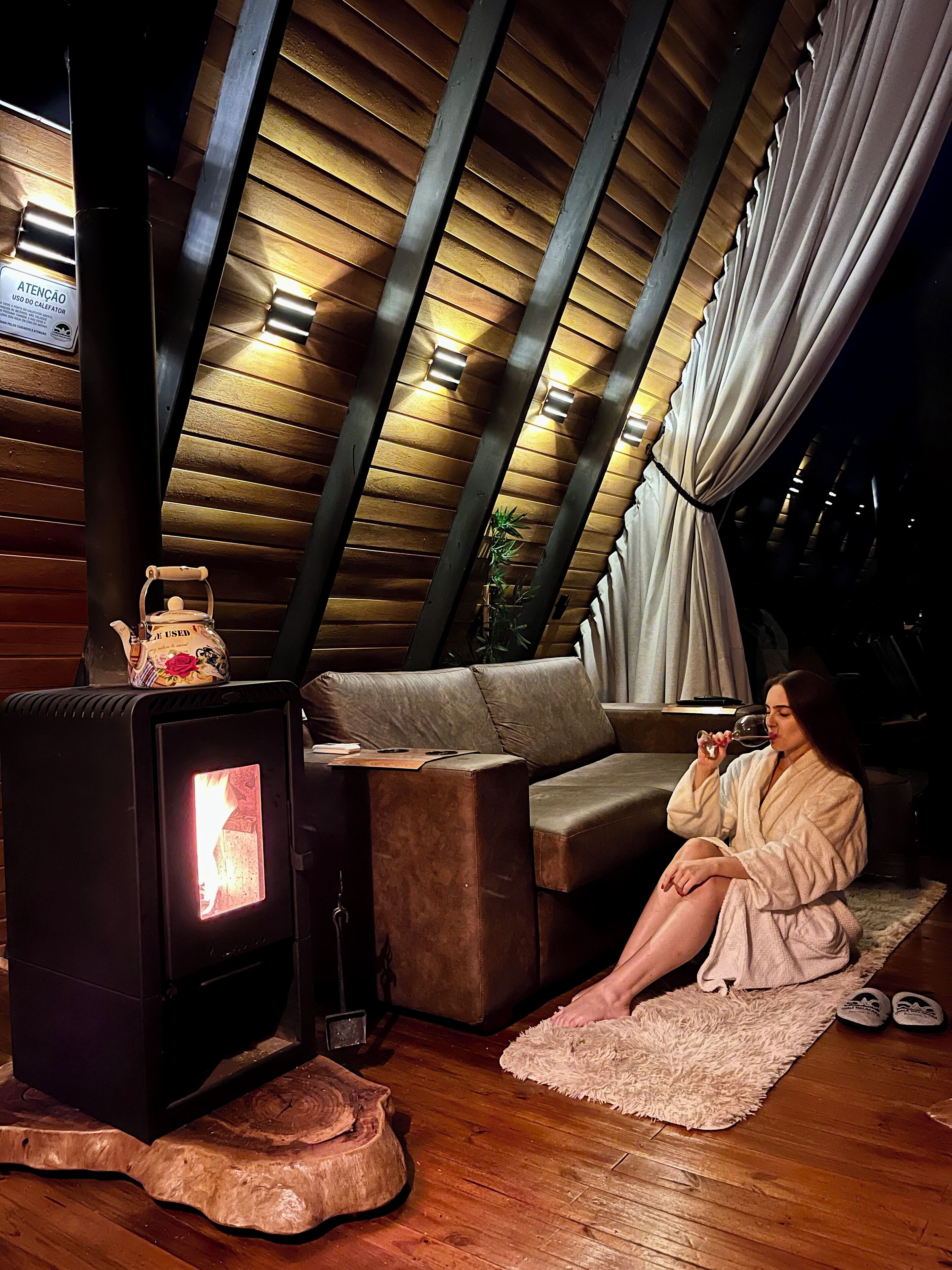 Une pièce chaleureuse avec un poêle à bois, un canapé et une personne assise sur un tapis.