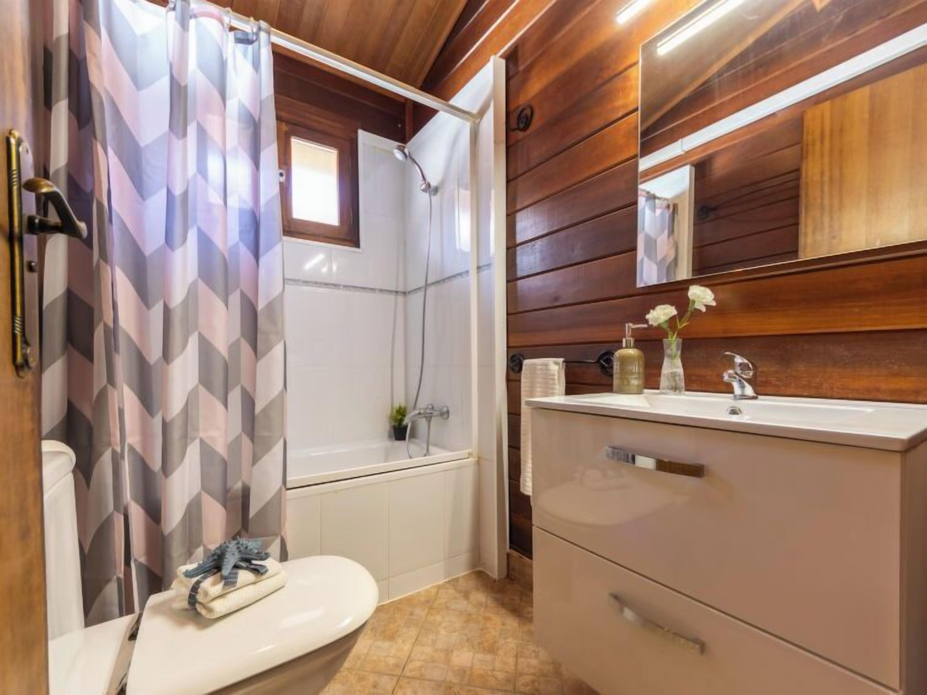A bathroom with a shower, toilet, and vanity with a mirror.