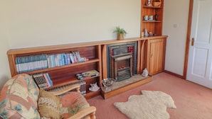A cozy living room with a fireplace, a bookshelf, a plush armchair, and a rug. - Mullagh Road (Miltown Malbay)