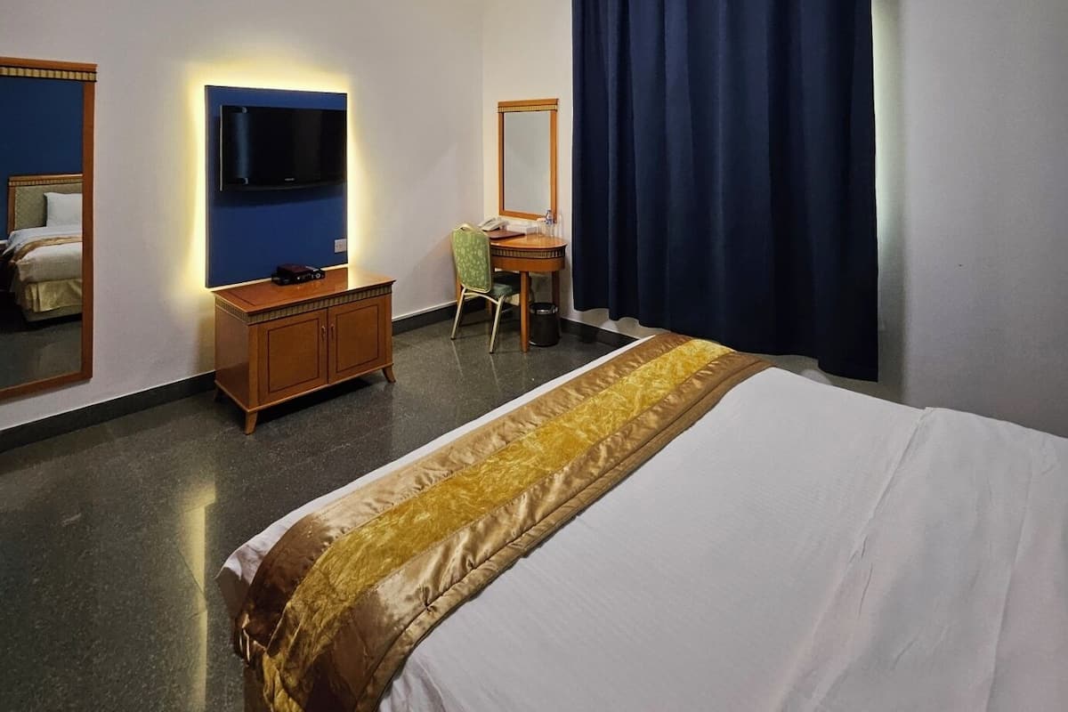 A hotel room with a bed, a desk with a chair, a television, and a mirror.