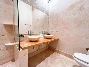 Shower, hair dryer, bidet, towels