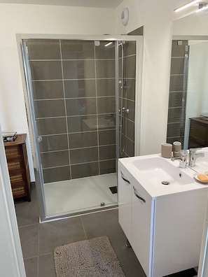 Shower, hair dryer, towels, toilet paper