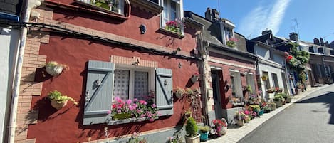 A row of red brick houses with white window shutters, potted plants, and a clear blue sky.