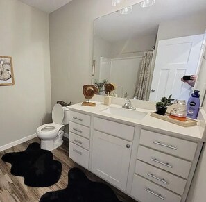 Douche, séchoir à cheveux, serviettes fournies, savon