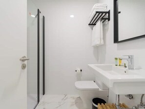 Douche, sèche-cheveux, serviettes fournies, savon