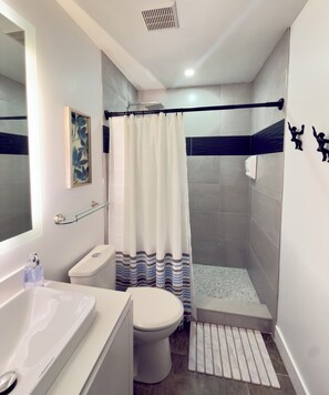 Shower, hair dryer, towels, soap
