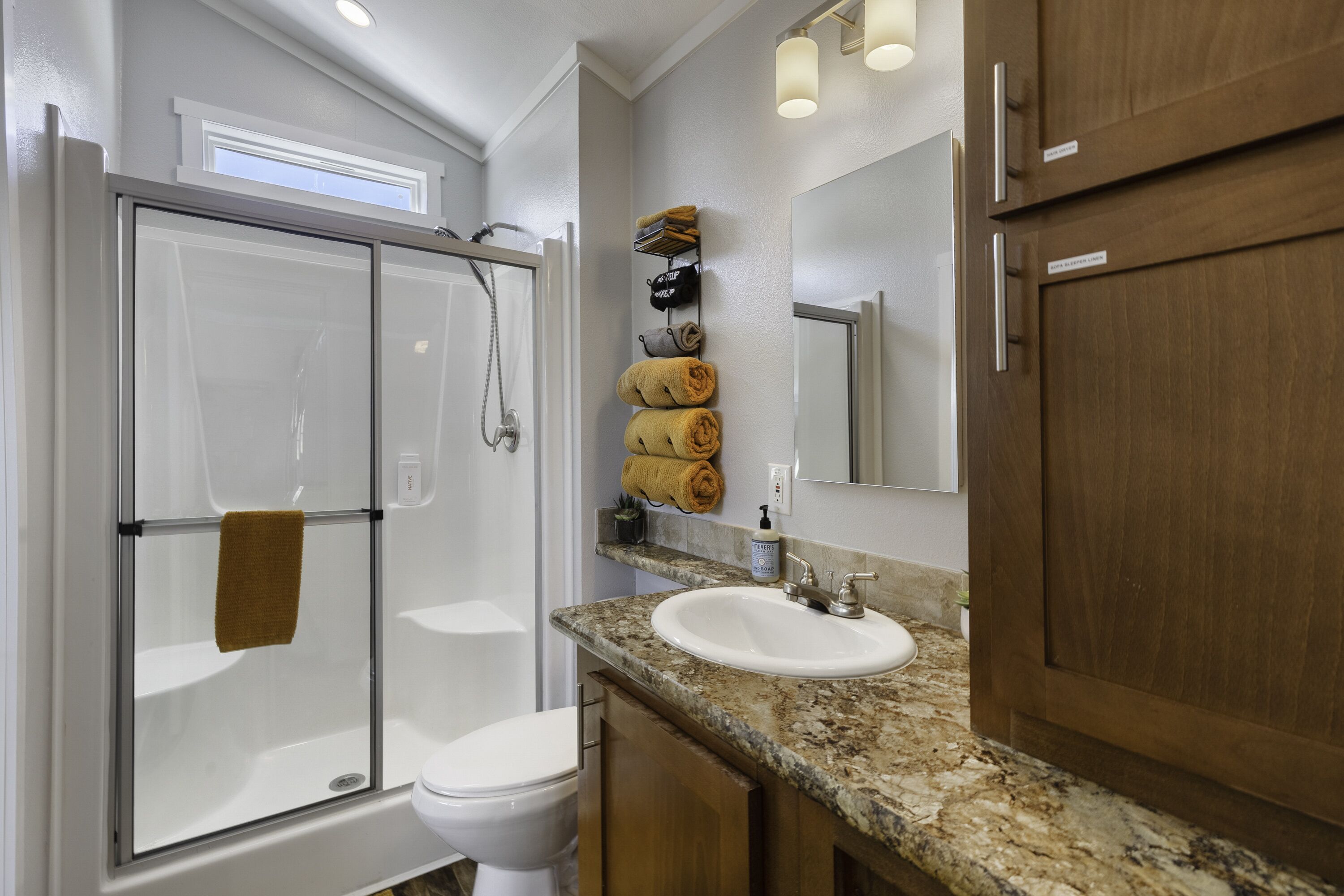 Hair dryer, towels, soap, shampoo