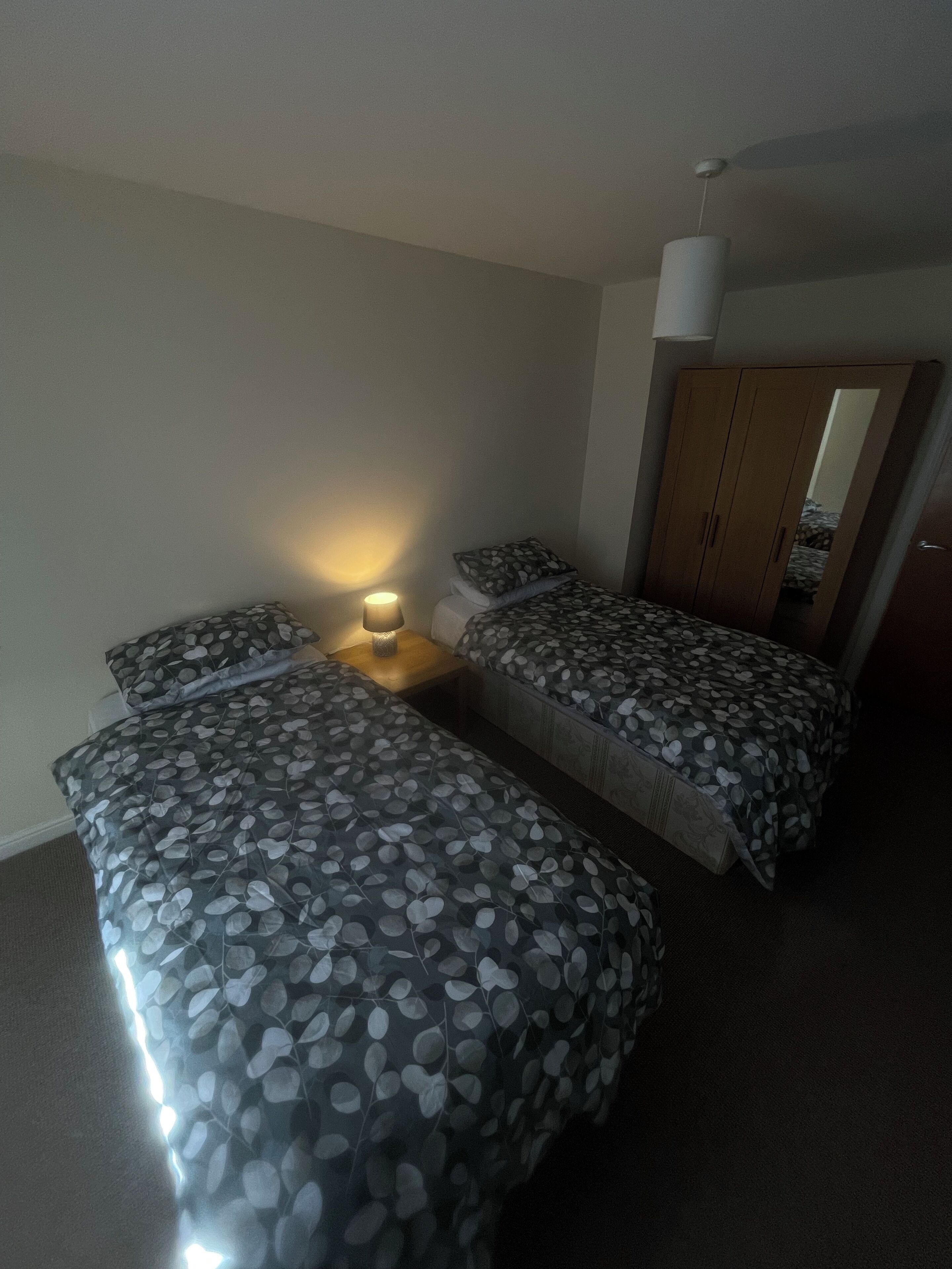 A room with two beds, a nightstand with a lamp, a wardrobe, and a mirror.