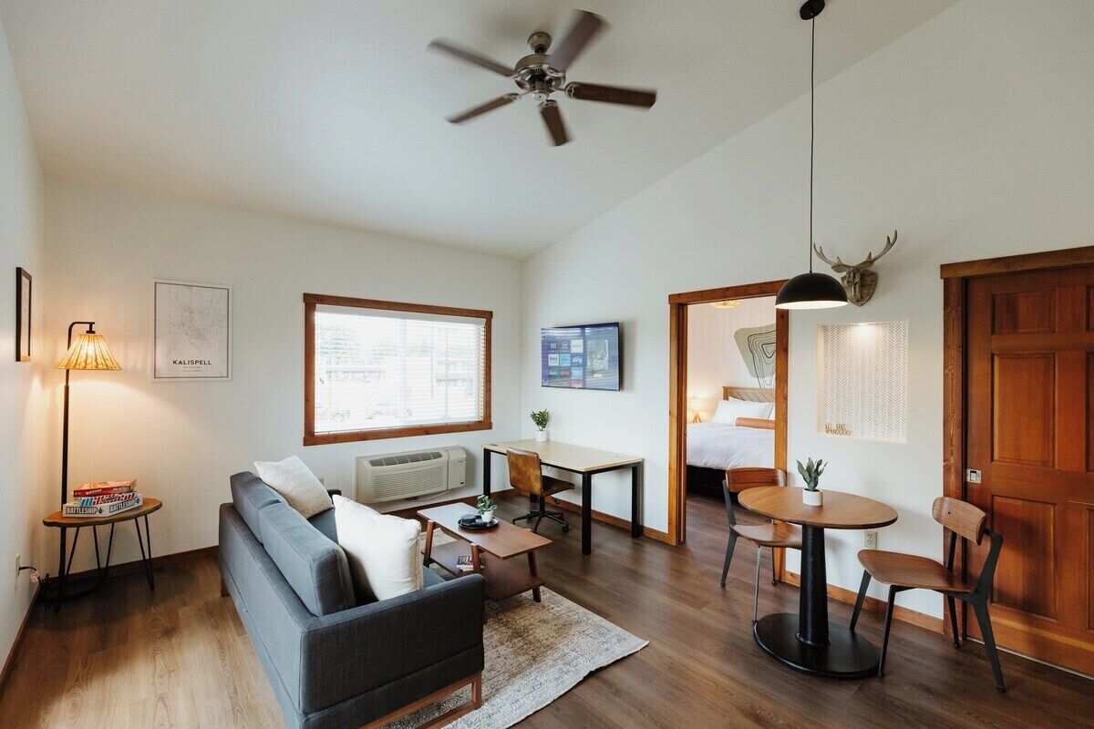 [Living area] Our vaulted ceilings create a spacious environment to relax after long days of exploring.