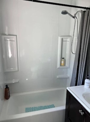 Hair dryer, bidet, towels, soap