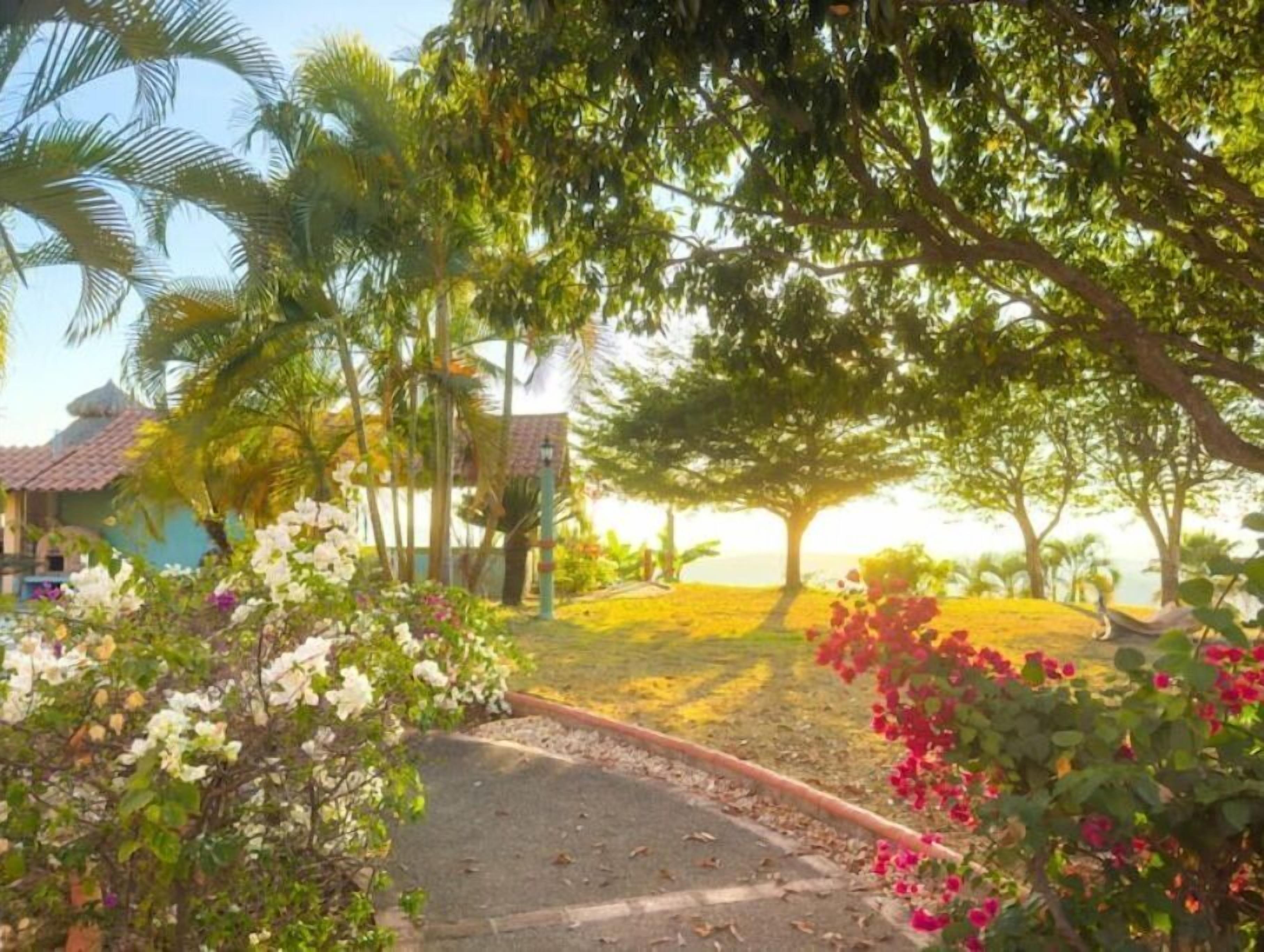 A pathway leading to a building with a tiled roof, surrounded by lush greenery and flowering plants.