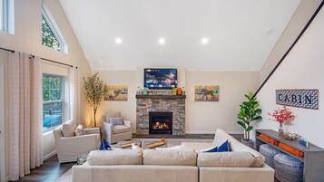 Smart TV, fireplace, video games, foosball