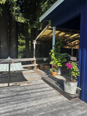 A wooden deck with a hammock, potted plants, and a covered area with a blue wall.