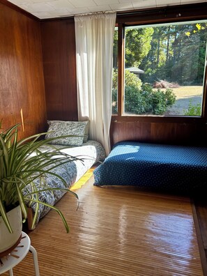 Une pièce avec un lit, une fenêtre et une plante en pot.