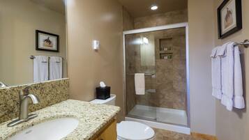 Shower, eco-friendly toiletries, hair dryer, towels