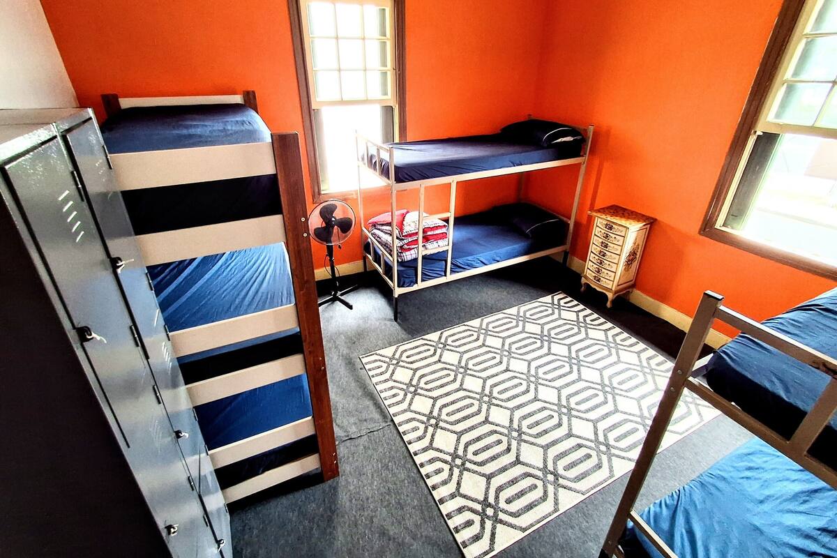 A dormitory room with bunk beds, a wardrobe, a desk, and a patterned rug.