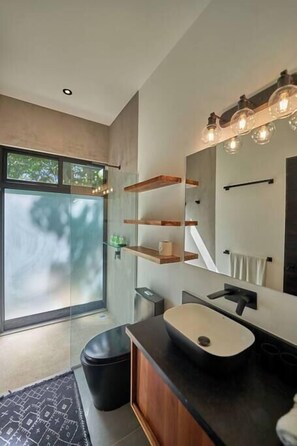 Shower, hair dryer, towels