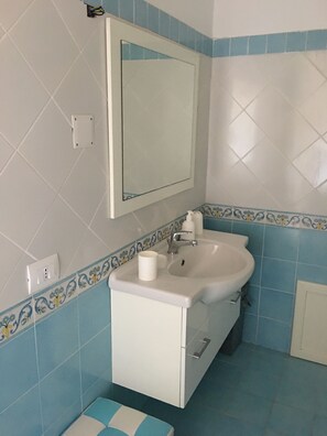 Chuveiro, secador de cabelo, bidê, toalhas de banho