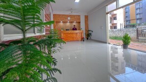 Zona de recepción de hotel con un mostrador de madera, una recepcionista y una planta grande en primer plano.
