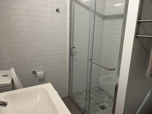 Shower, hair dryer, towels, soap - Renovated Hancock NY house near Delaware River (Hancock)