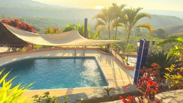 Une piscine agrémentée d’un hamac et de plantes tropicales, le tout entouré d’un paysage montagneux.