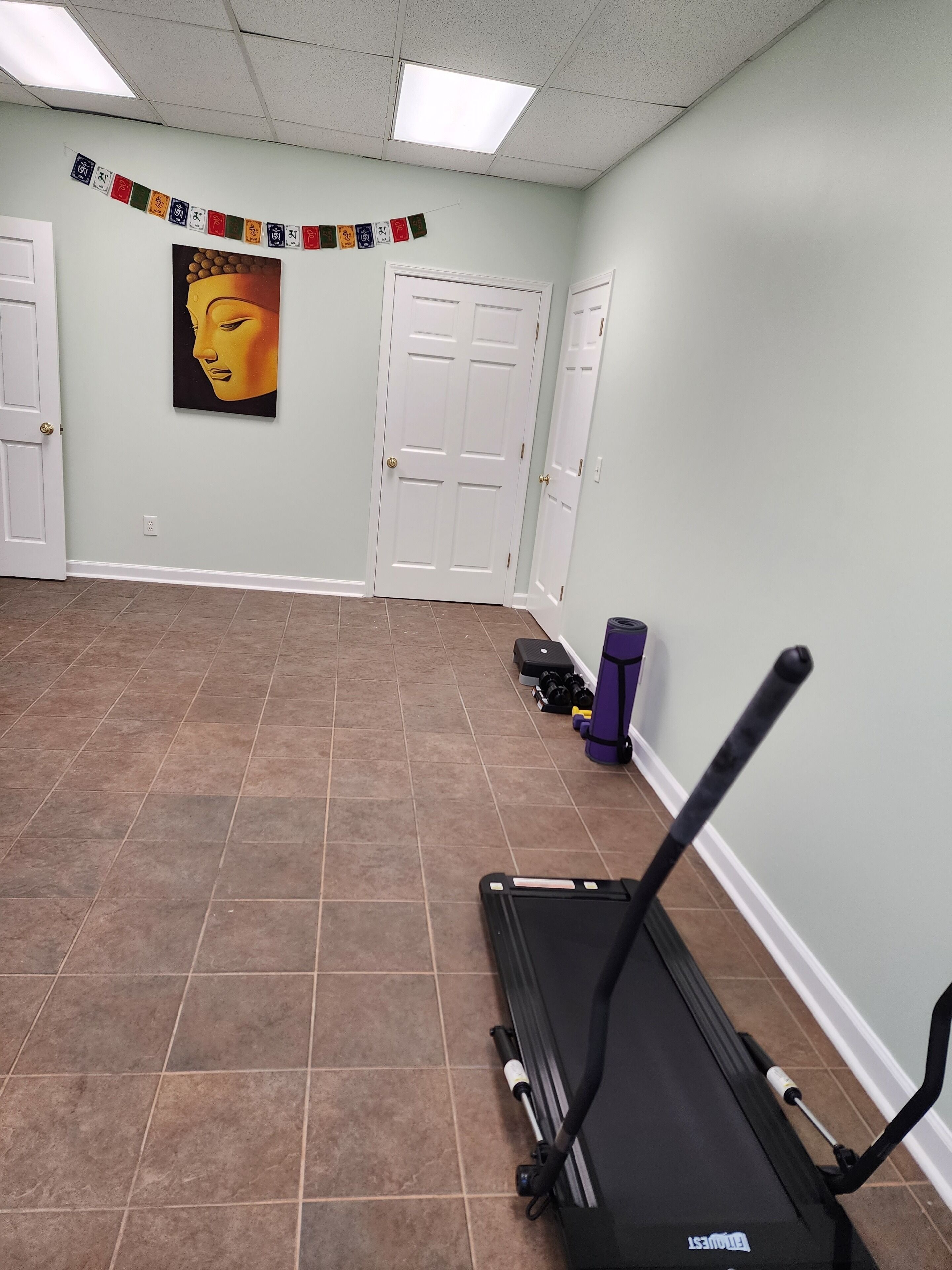 A room with a treadmill, a painting, and a wall with a string of colorful cards.