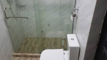 Shower, towels, soap, shampoo