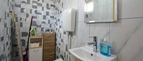 Un bagno con il water, lavandino e zona doccia.