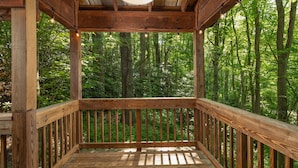 A wooden deck with a railing, surrounded by a forest.