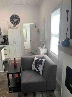 Smart TV, fireplace, books, stereo