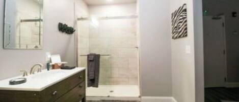 Hair dryer, towels, soap, shampoo