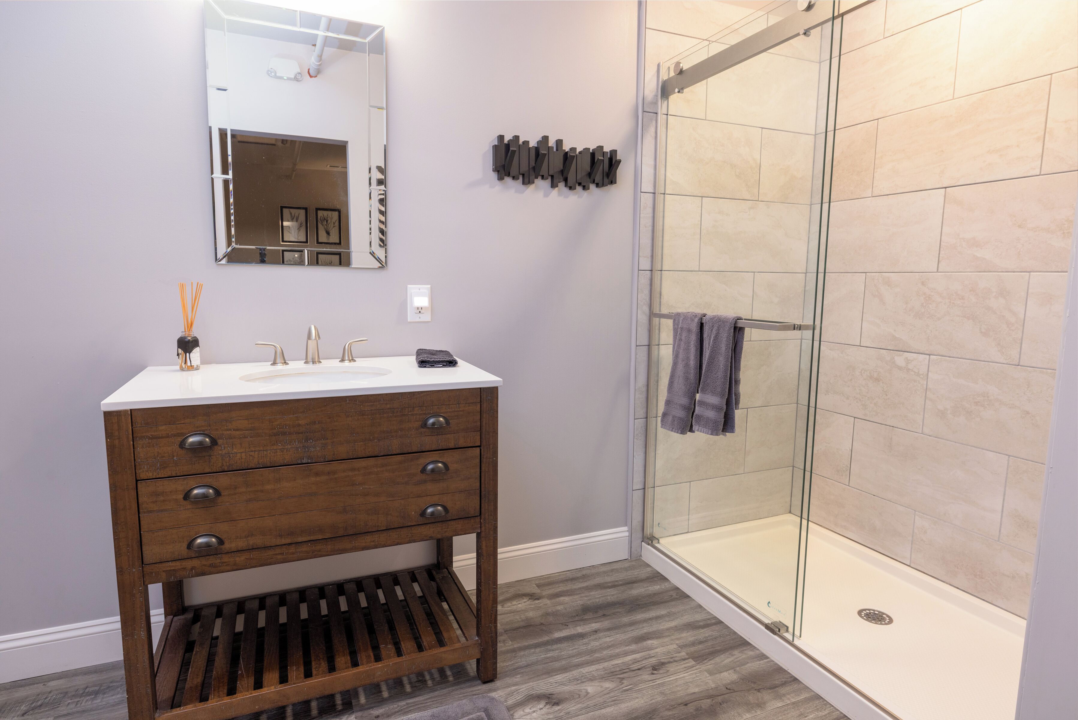 Hair dryer, towels, soap, shampoo