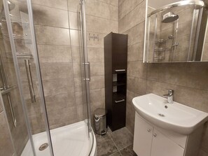 Hair dryer, towels, soap, shampoo