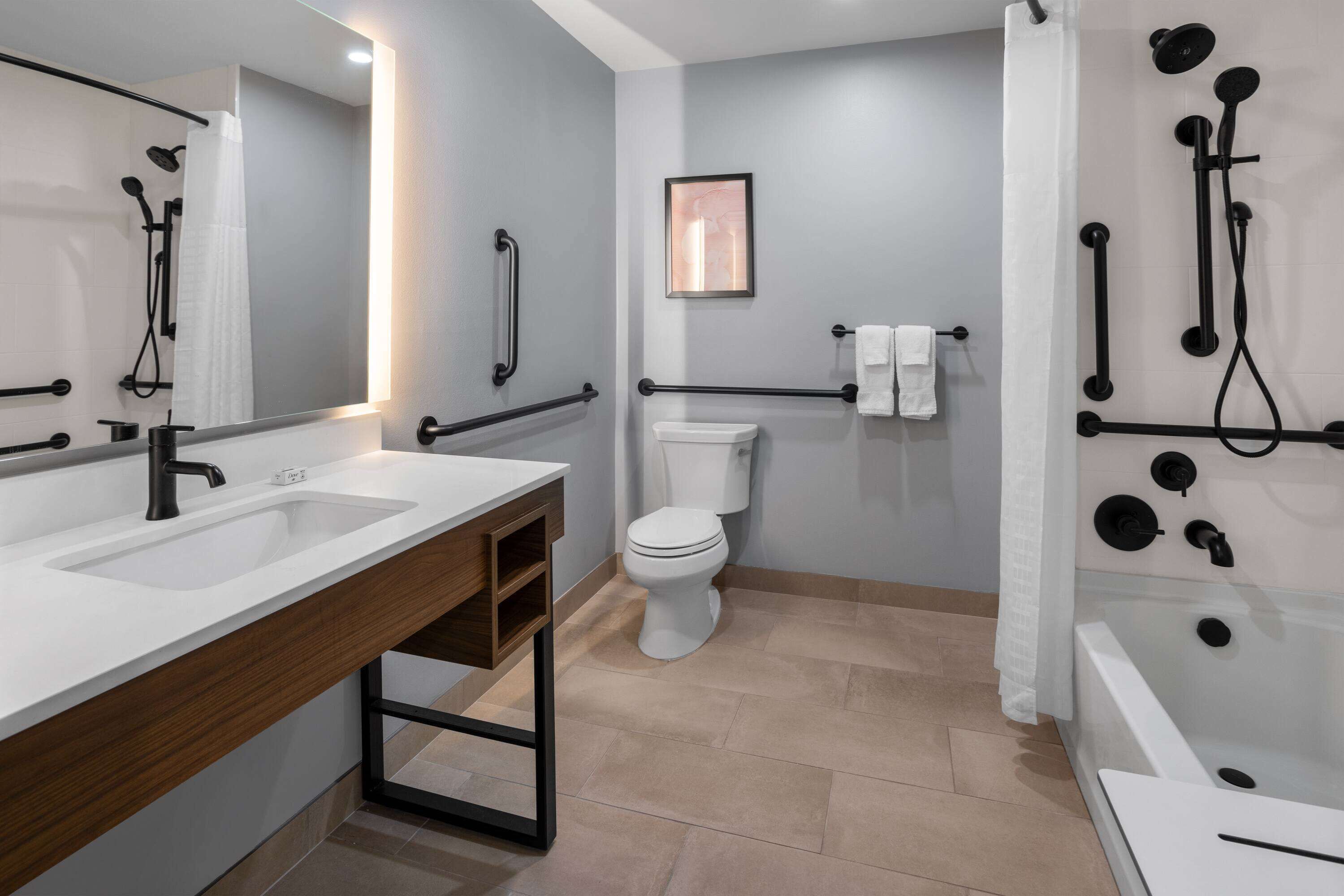 A modern bathroom with a dual sink vanity, a toilet, a shower area with a glass enclosure, and a bathtub.