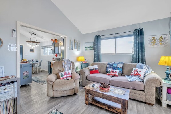 Smart TV, fireplace, DVD player, books