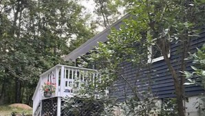 A rustic cabin with a porch, surrounded by dense foliage and a stone wall. - Become at peace in a comfortable country home (New Paltz)