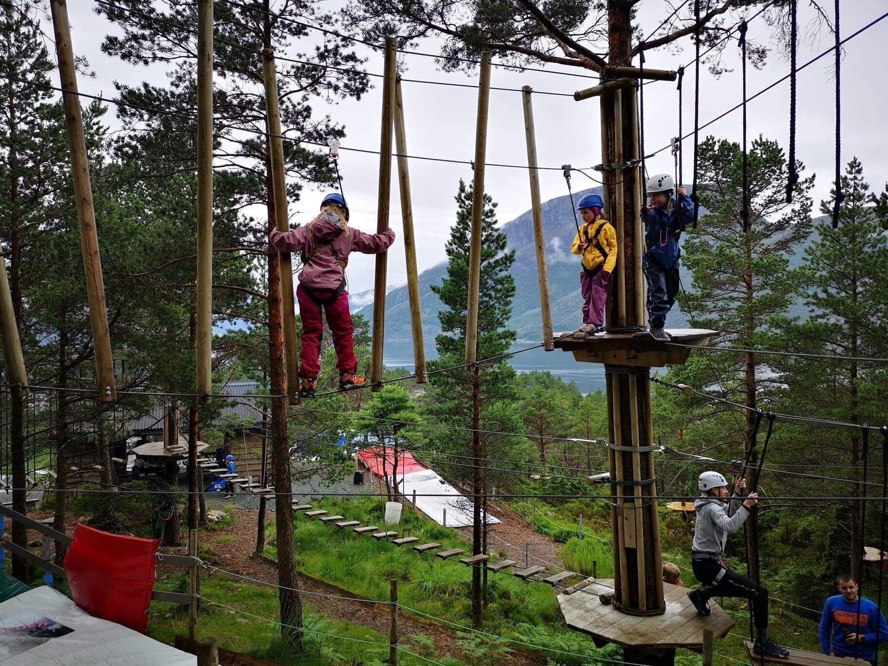 Un circuito de aventuras al aire libre con plataformas y cuerdas de madera, rodeado de árboles y un paisaje montañoso.