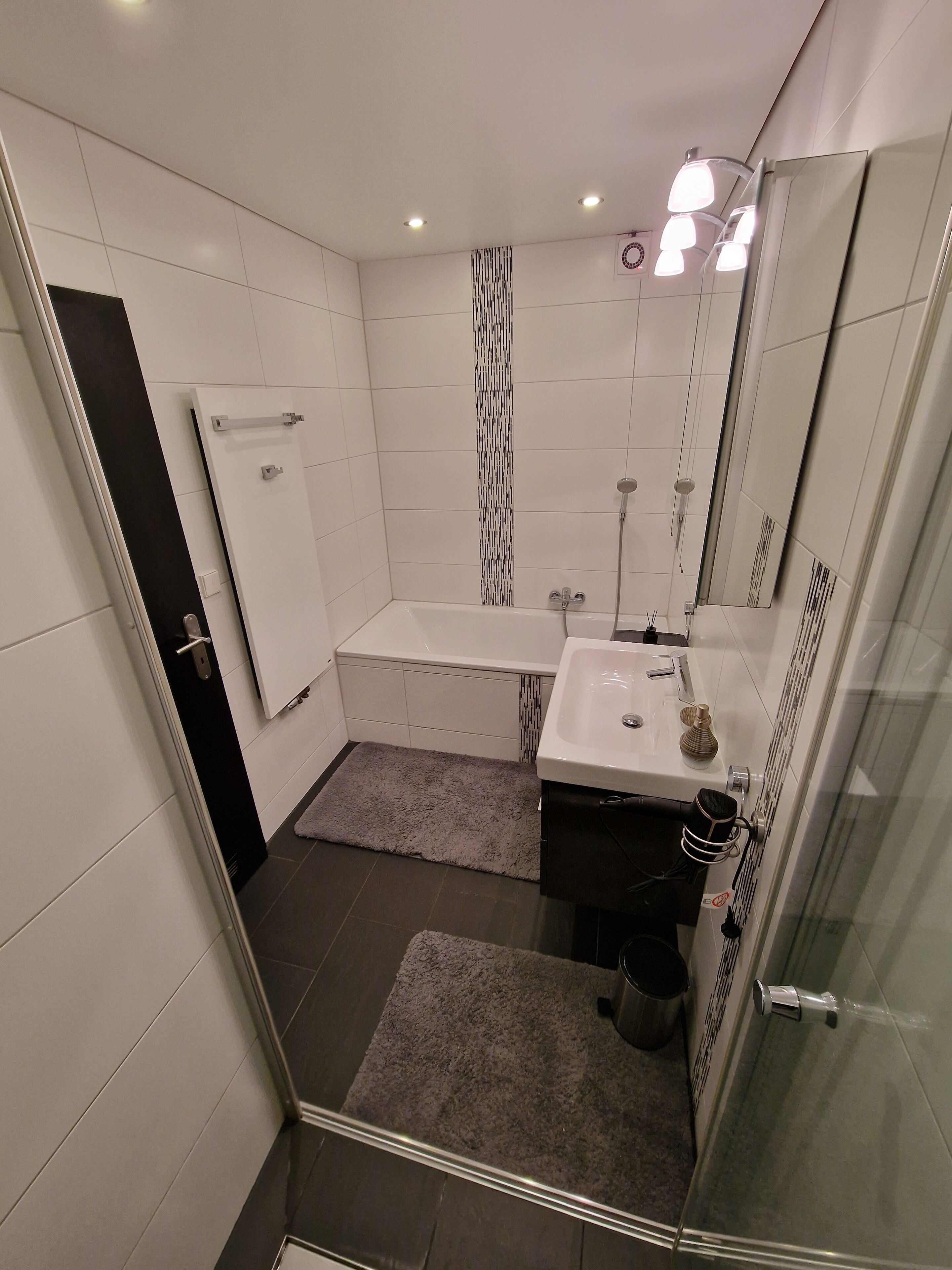 Shower, hair dryer, towels, toilet paper