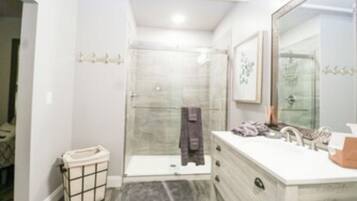 Hair dryer, towels, soap, shampoo