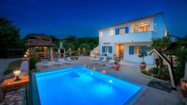 A modern two-story house with a swimming pool, outdoor seating, and a stone fireplace. - 4 bedroom beautiful home in Klimno (Klimno)