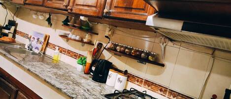 Fridge, stovetop, dishwasher, coffee/tea maker