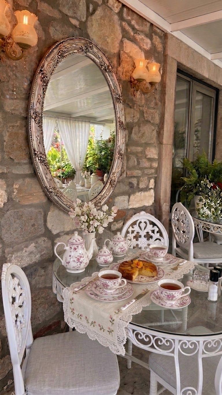 A table set with tea cups, a teapot, and a cake, surrounded by white chairs, with a large ornate mirror on the wall.