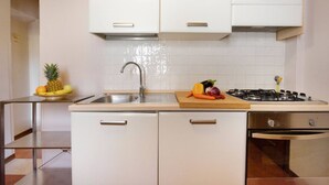 A kitchen with white cabinets, a stainless steel sink, a cutting board with vegetables, and a gas stove. - Apartments Florence - Ariento Eva 1bdr San Lorenzo (Firenze)