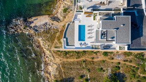 Oversigtsbillede af en kystejendom med et stort swimmingpool, flere opholdsområder og en klippefyldt kystlinje.
