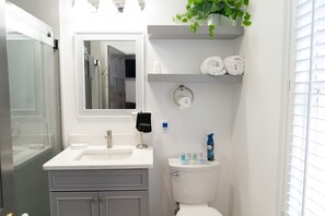 Shower, eco-friendly toiletries, hair dryer, towels