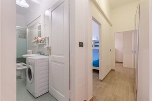 Shower, hair dryer, bidet, towels