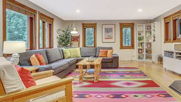 Smart TV, fireplace, DVD player, books