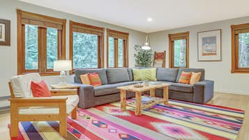 Smart TV, fireplace, DVD player, books