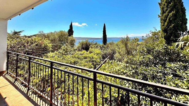 Un balcón con vista a un lago y árboles.