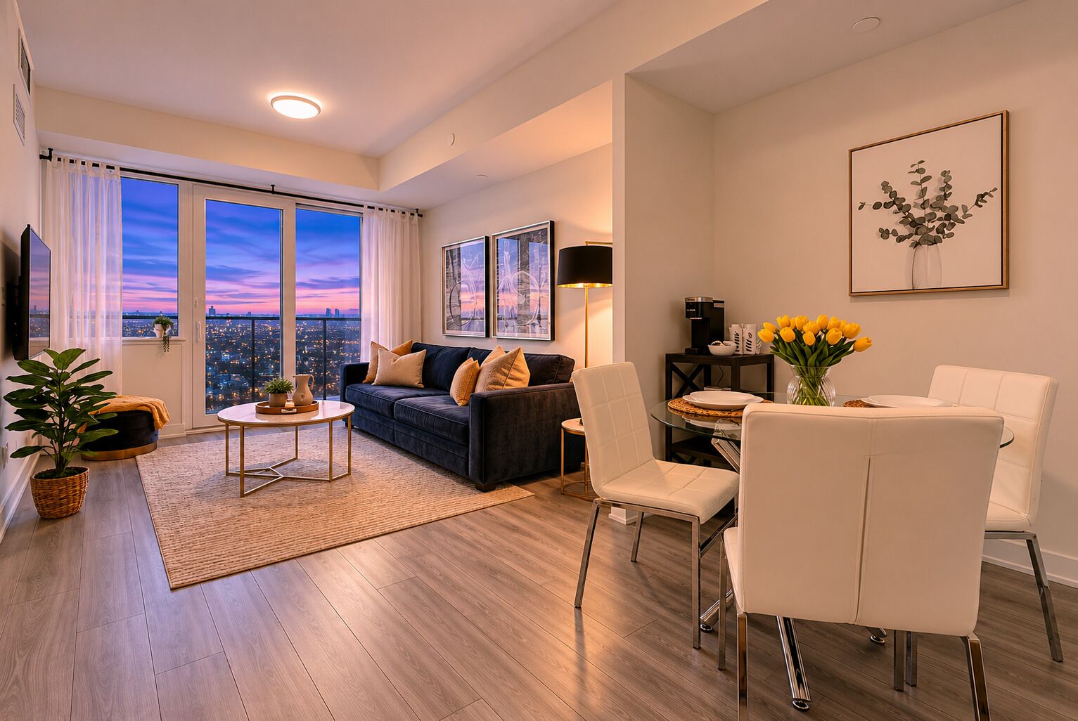 A modern living room with a sofa, coffee table, and chairs, a dining area with a table and chairs, and a large window with a city view.